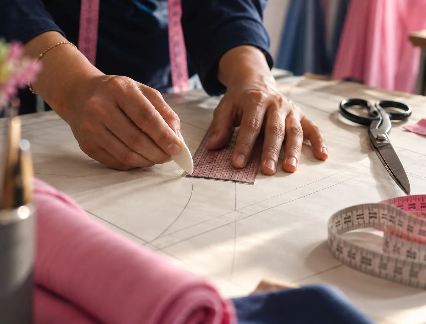 Student drafting a paper pattern with a tailor's ruler on a cutting table