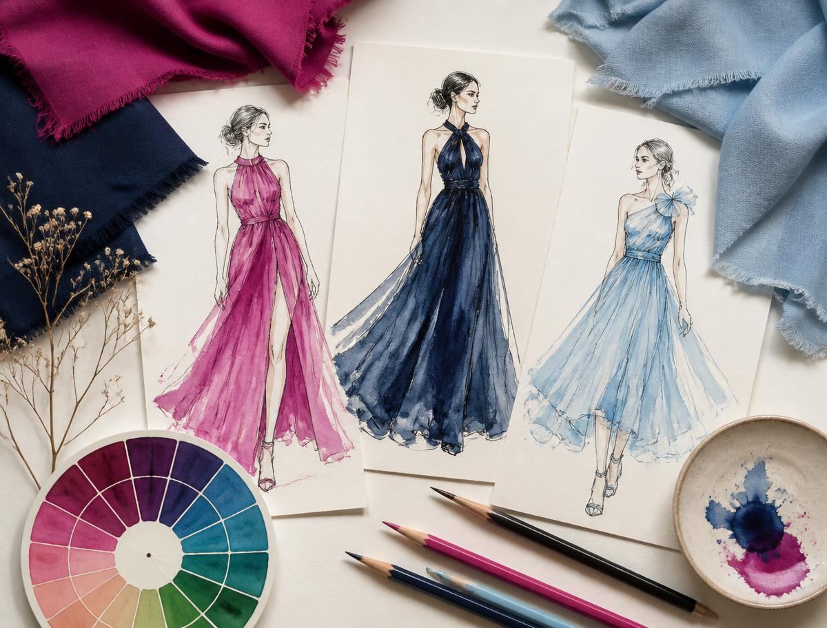 Fashion illustration sketches and colour swatches from a student portfolio
